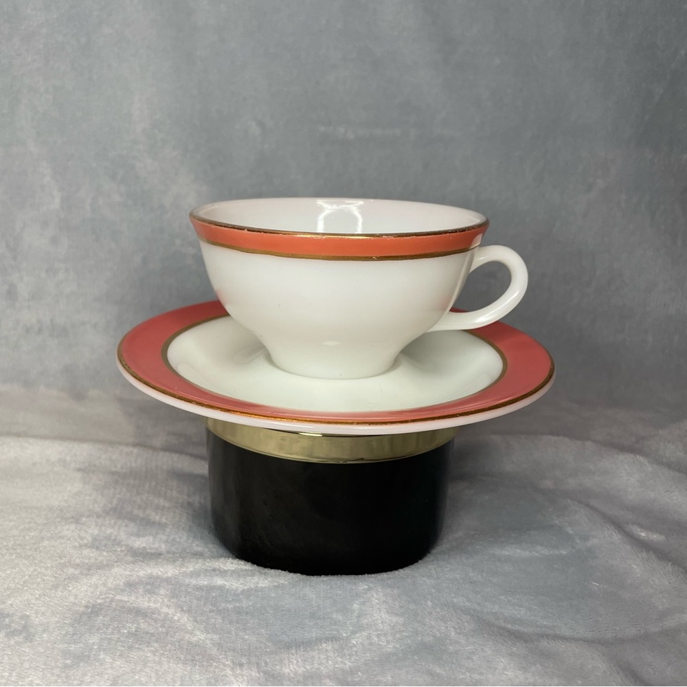 PYREX Milk Glass Cup and Saucer Sets Russet Red Gold Trim